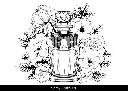Bouteille de parfum gravée vintage : Flower Blossom Vector Sketch in Crimson logo. Illustration de Vecteur