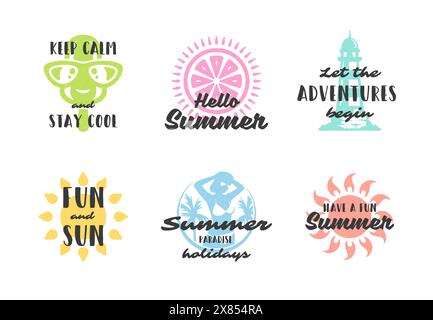 Vacances d'été typographie conception de citations inspirantes pour affiches ou habillements set illustration vectorielle. Symboles et objets de style dessinés à la main. Illustration de Vecteur