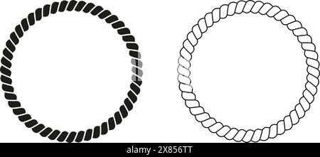 Cadres de corde ronds noirs et blancs. Bordures circulaires de jute, de corde ou de fil, de câble ou de ficelle. Éléments de conception sur thème maritime, yacht ou nautique. Illustration vectorielle. Illustration de Vecteur
