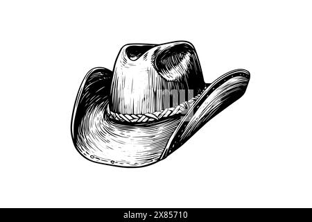 Chapeau de cowboy ou de shérif ou de fermier dans le style de gravure. Croquis à l'encre dessiné à la main. Illustration vectorielle. Illustration de Vecteur