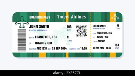 Billet pour Riyad, Arabie Saoudite depuis l'Allemagne. Modèle de carte d'embarquement avec données génériques. Illustration vectorielle de billet d'avion de voyage avec code QR. Illustration de Vecteur