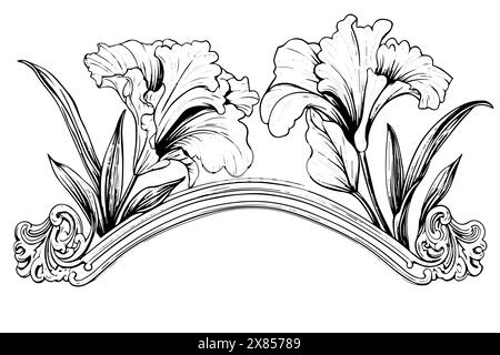 Vintage Baroque architecture illustration vectorielle : moulures ornées et ornements floraux, Design classique avec des fleurs d'iris. Illustration de Vecteur