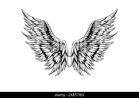 Esquisse à l'encre des ailes d'ange dans le style de gravure. Illustration vectorielle ailes dessinées à la main. Illustration de Vecteur