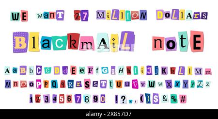 Découpez les lettres de journaux pour les messages anonymes criminels. Collecte de lettres et de chiffres de rebut de notes de rançon ou de notes de chantage. Illustration de Vecteur