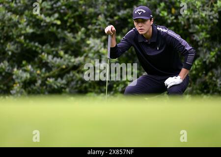 Schilde, Belgique. 23 mai 2024. Le belge Matthis Besard photographié lors de la première manche (1/4) du tournoi de golf Soudal Open DP World Tour 2024, à Schilde, jeudi 23 mai 2024. Le Soudal Open 2024 se déroule du 23 au 26 mai au Rinkven Golf Club de Schilde. BELGA PHOTO DIRK WAEM crédit : Belga News Agency/Alamy Live News Banque D'Images