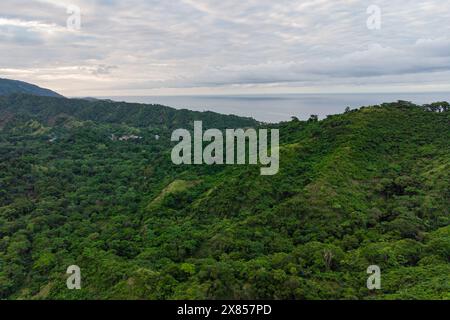 Vue aérienne de la jungle tropicale immaculée au Venezuela, avec des collines et une forêt tropicale verte luxuriante, avec un ciel nuageux et brumeux sur la forêt amazonienne. Banque D'Images