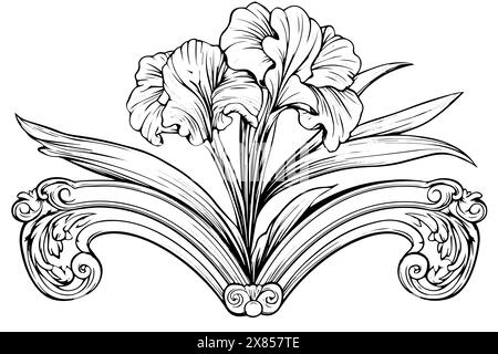 Vintage Baroque architecture illustration vectorielle : moulures ornées et ornements floraux, Design classique avec des fleurs d'iris. Illustration de Vecteur