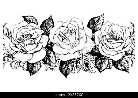 Tatouage floral vintage : contour de rose dessiné à la main dans une impression vectorielle de style baroque. Illustration de Vecteur