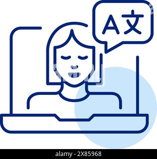 Femme avec la bulle de parole de symbole de langues sur l'appel vidéo d'ordinateur portable. Cours de langues en ligne. Icône Pixel Perfect Illustration de Vecteur