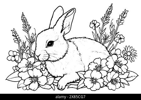 Lapin de Pâques vintage et illustration florale : lapin gravé dans un jardin de printemps. Illustration de Vecteur