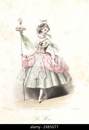 Femme française en costume comme le mois de mai. Avec guirlande de fleurs et poussins dans un nid d'oiseau dans ses cheveux, corsage rose et jupes à rayures vertes, tenant un Maypole décoré de roses et de rubans. Le mai. Gravure sur acier colorée à la main par Charles Geoffroy d'après une illustration de François Claudius compte-Calix tirée des travestissements élégants, élégants costumes de fantaisie, les modes Parisiennes, Paris, 1853. Banque D'Images