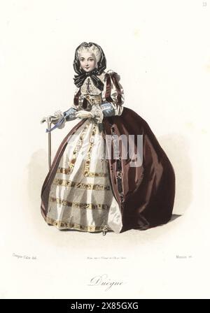 Femme en costume de chaperon. Dans la capuche, robe avec manches fendues, corsage bijou, jupes côtelées, tenant un bâton et des lunettes. Duegne. Gravure sur acier colorée à la main par Antoine Monnin d'après une illustration de François Claudius compte-Calix tirée des travestissements élégants, Elegant Fancy Dress costumes, les modes Parisiennes, Paris, 1853. Banque D'Images