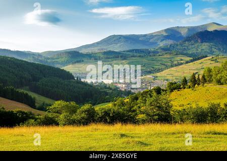 zone de campagne avec des collines dans les montagnes des carpates au lever du soleil. Beau paysage d'été prairies et forêt du district de Volovets, Ukraine. m Banque D'Images