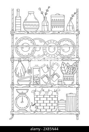 Coloriage page propose des étagères avec vaisselle et ustensiles de cuisine, adaptés aux adultes et aux enfants Illustration de Vecteur