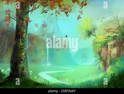 Beau paysage forestier enchanté avec un château sur la montagne, une cascade forme une rivière qui traverse la vallée Banque D'Images