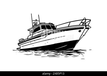 Croquis vectoriel de dessin de yacht super croisière. Dessin de pêche en mer. Illustration de Vecteur