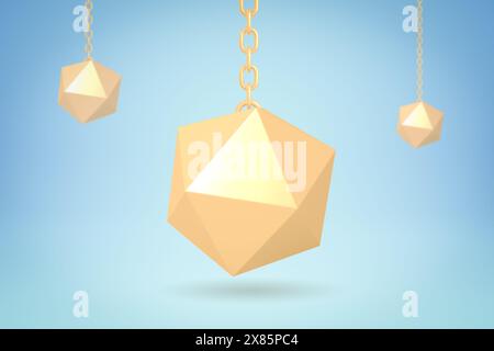 rendu 3d de trois modèles de polygone doré enchaîné sur fond bleu Banque D'Images