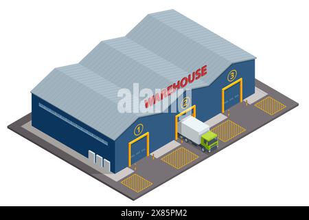 Grand entrepôt moderne isométrique avec camion. Logistique, entrepôt, fret, transport de fret. Stockage de marchandises. Stockage, cueillette, emballage et expédition. Illustration de Vecteur