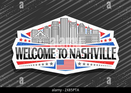 Logo vectoriel pour Nashville, étiquette décorative blanche avec illustration du paysage de ville panoramique de nashville sur fond de ciel de jour, refrigera de conception d'art de ligne Illustration de Vecteur