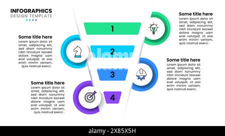 Modèle d'infographie avec icônes et 4 options ou étapes. Entonnoir. Peut être utilisé pour la mise en page de flux de travail, le diagramme, la bannière, la conception Web. Illustration vectorielle Illustration de Vecteur