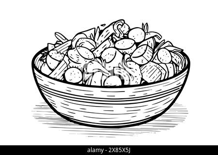 Plat pour aliments. Bol à salade avec des légumes sains sur une illustration d'esquisse de vecteur de plaque. Illustration de Vecteur