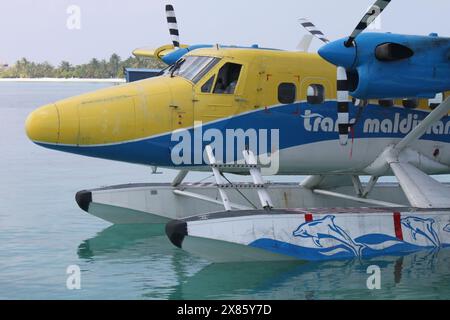 Kuredu, Maldives, 9 décembre 2014 : gros plan du cockpit et de l'avant de l'hydravion par TRANS Maldivian Airways. Île tropicale en arrière-plan. Turbopropulseur Banque D'Images