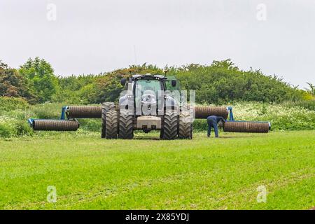 Deutz-Fahr 7250 TTV WARRIOR et Field Roller sur des terres agricoles au large de Loverose Way, Northampton, Angleterre, Royaume-Uni. Banque D'Images