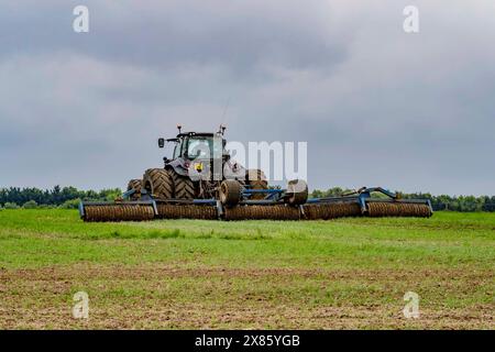 Deutz-Fahr 7250 TTV WARRIOR and Field Roller travaillant sur des terres agricoles au large de Loverose Way, Northampton, Angleterre, Royaume-Uni. Banque D'Images