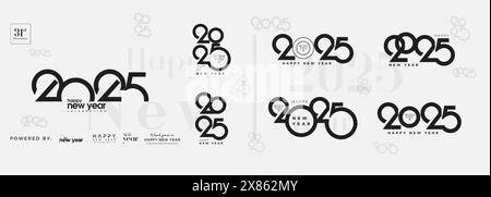 Grand ensemble de dessins de texte de logo Happy New Year 2025. Modèle de conception de numéro du nouvel an 2025. Collection de logos bonne année 2025. Illustration. Illustration de Vecteur
