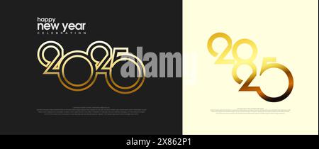 Grand ensemble de dessins de texte de logo Happy New Year 2025. Modèles de nouvelle année 2025. Avec un style moderne de numéro d'étiquette. Plusieurs collections de Happy 2025. Illustration de Vecteur