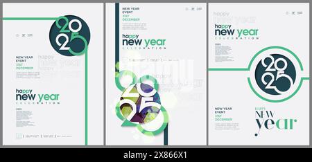 Concept créatif Happy New Year 2025 ensemble d'affiches. Modèle de conception avec logo de typographie 2025 pour le fond de célébration et la décoration de saison. Illustration de Vecteur