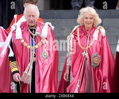 Photo du dossier datée du 15/05/24 du roi Charles III et de la reine Camilla quittant après avoir assisté à un service pour l'ordre de l'Empire britannique à la cathédrale Saint-Paul de Londres. Le Roi a officiellement approuvé un décret en conseil prorogeant le Parlement avant les élections générales. Date d'émission : jeudi 23 mai 2024. Banque D'Images