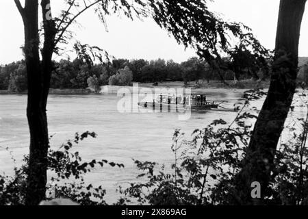 Fährbetrieb an einem französischen Fluss, möglicherweise dem Fluss Lez, der unter anderem durch Montpellier fließt, Frankreich 1957. Service de ferry sur une rivière française, peut-être la rivière Lez , qui traverse Montpellier entre autres villes, France 1957. Banque D'Images