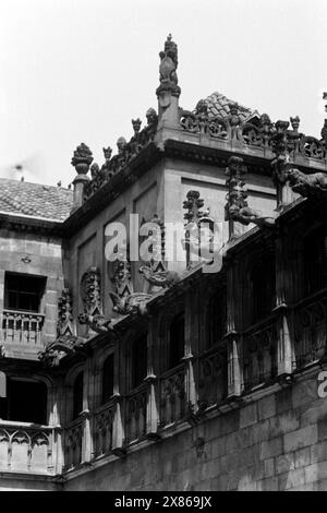 Wasserspeier und Kreuzblumen zählen zu typischen dekorativen Elementen in der Gotik, hier im Innenhof der Orangenbäume im Palau de la Generalitat in barcelona, Spanien 1957. Les gargouilles et les embouts sont des éléments décoratifs typiques de l'architecture gothique, ici dans la cour des orangers du Palau de la Generalitat à barcelone, Espagne en 1957. Banque D'Images