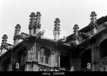 Wasserspeier und Kreuzblumen zählen zu typischen dekorativen Elementen in der Gotik, hier im Innenhof der Orangenbäume im Palau de la Generalitat in barcelona, Spanien 1957. Les gargouilles et les embouts sont des éléments décoratifs typiques de l'architecture gothique, ici dans la cour des orangers du Palau de la Generalitat à barcelone, Espagne en 1957. Banque D'Images