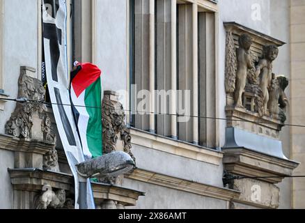 Berlin, Allemagne. 23 mai 2024. Des manifestants pro-palestiniens tiennent un drapeau palestinien par une fenêtre de l'Institut des sciences sociales de l'Université Humboldt de Berlin (HU). Des militants ont occupé des chambres à l'université pour soutenir les Palestiniens et protester contre Israël. Crédit : Soeren Stache/dpa/Alamy Live News Banque D'Images
