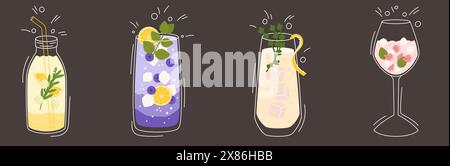 Collection avec différents goûts limonade et diverses formes de verres. Citron, myrtille, thym et pétales de rose. Illustration vectorielle dans le contour et le style de couleur plate sur fond sombre Illustration de Vecteur