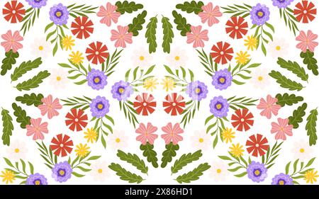 Motif sans couture avec éléments floraux. Kaleidoscope Effect Botanical a inspiré un design répété avec différentes couleurs de fleurs, de feuilles et de branches Illustration de Vecteur