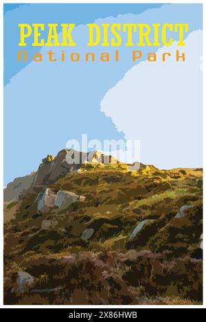 Affiche de voyage rétro inspirée de la WPA représentant le lever du soleil chez les cafards dans le parc national de Staffordshire Peak District, Angleterre, Royaume-Uni. Illustration de Vecteur