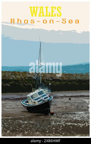 Affiche de voyage rétro inspirée de WPA de petits bateaux amarrés dans le port de Rhos-on-Sea, pays de Galles, Royaume-Uni à marée basse. Illustration de Vecteur