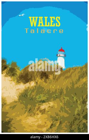 Affiche de voyage rétro inspirée par WPA représentant les dunes de sable et le point de construction classé grade II du phare Ayr sur la plage de Talacre dans le nord du pays de Galles, Royaume-Uni. Illustration de Vecteur