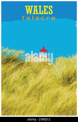 Affiche de voyage rétro inspirée par WPA représentant les dunes de sable et le point de construction classé grade II du phare Ayr sur la plage de Talacre dans le nord du pays de Galles, Royaume-Uni. Illustration de Vecteur