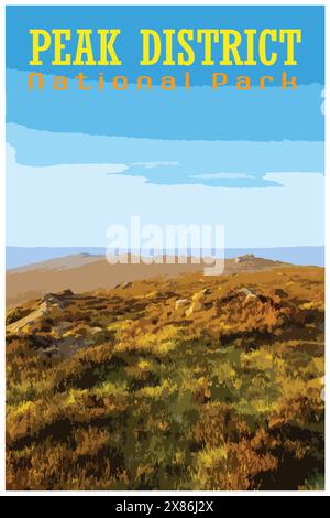 Affiche de voyage rétro inspirée de la WPA représentant le lever du soleil chez les cafards dans le parc national de Staffordshire Peak District, Angleterre, Royaume-Uni. Illustration de Vecteur