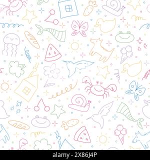 Motif sans couture d'éléments de contour de doodle enfantin. Animaux dessinés à la main, nourriture, plantes et objets dans le style gribouillage pour enfants. Illustration vectorielle Illustration de Vecteur