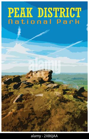 Affiche de voyage rétro inspirée de WPA représentant le lever du soleil dans le parc national de Staffordshire Peak District, Angleterre, Royaume-Uni. Illustration de Vecteur