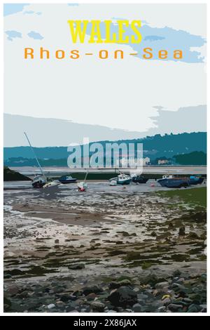 Affiche de voyage rétro inspirée de WPA de petits bateaux amarrés dans le port de Rhos-on-Sea, pays de Galles, Royaume-Uni à marée basse. Illustration de Vecteur