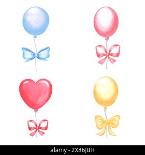 Ballons d'hélium avec des noeuds et des rubans Happy Birthday clipart collection. Ensemble festif d'illustrations d'aquarelle dessinées à la main. Modèle isolé de vacances Banque D'Images