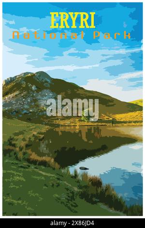 Affiche de voyage rétro inspirée par WPA de Llyn y Dywarchen et Clogwyngarreg alors que le soleil se couche dans le parc national d'Eryri, au pays de Galles, au Royaume-Uni Illustration de Vecteur