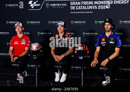 Circuit de Barcelona, Barcelone, Catalogne, Espagne. 23 mai 2024. 2024 MotoGP de Catalunya Arrivals Day ; Augusto Fernandez, Maverick Vinales, Alex Rins lors de la conférence de presse au MotoGP Catalunya crédit : action plus Sports/Alamy Live News Banque D'Images