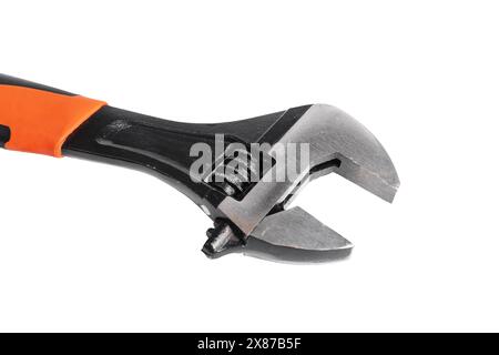 Clé à ergots, mécanicien d'outil isolé. Clé en métal blanc pour le fond de réparation. Vis d'acier d'entretien réglable. Travaux industriels de plomberie Banque D'Images